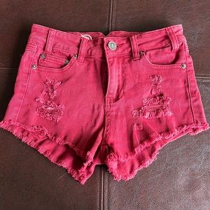 Mini mid ride jean shorts, burgundy